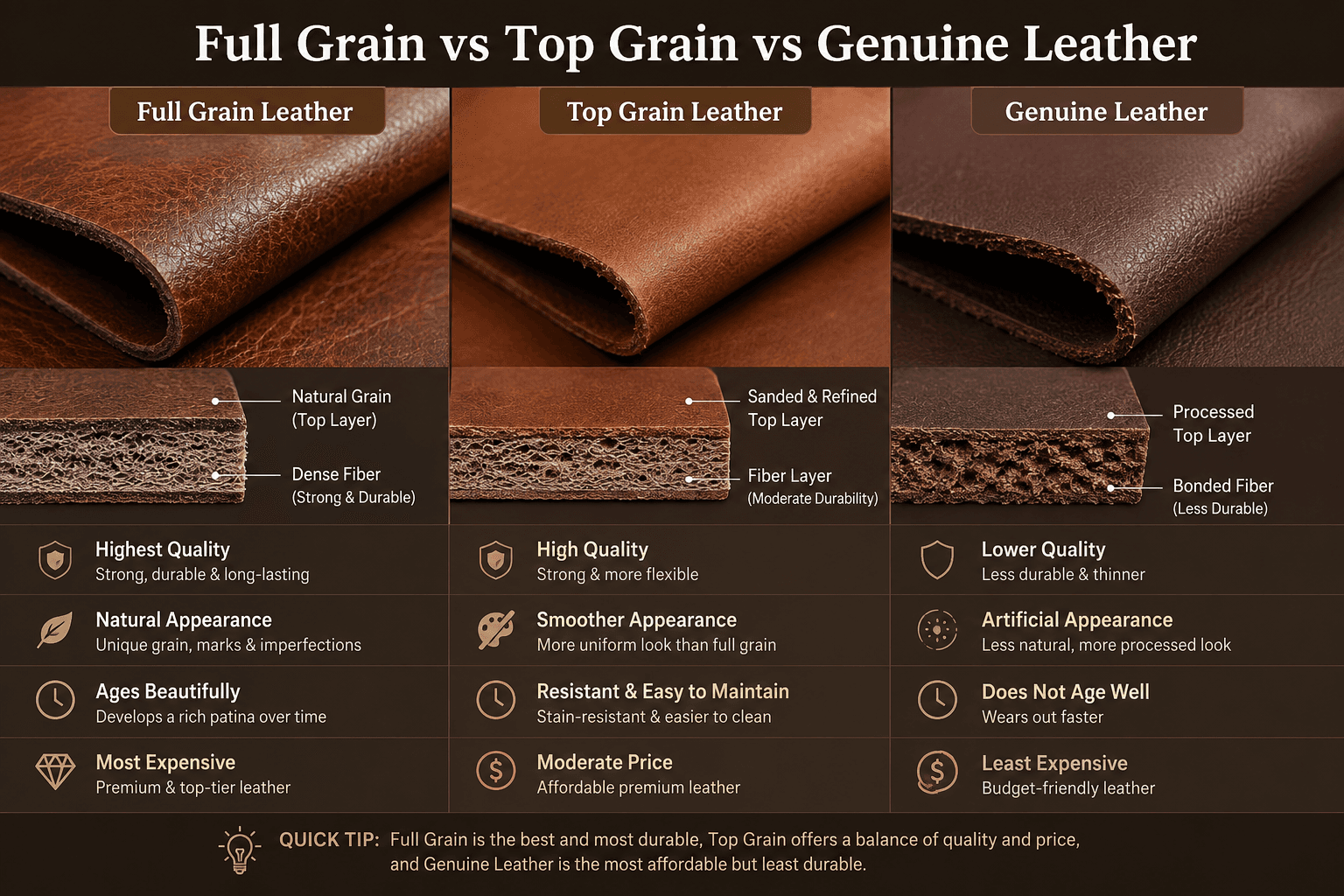 Full Grain vs Top Grain vs Genuine Leather: What Buyers Should Know cover image