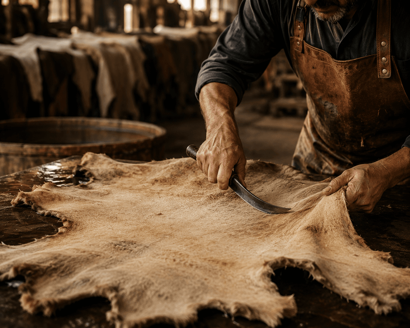 Muhammad Younas grading a hide by hand on the Kasur tannery floor