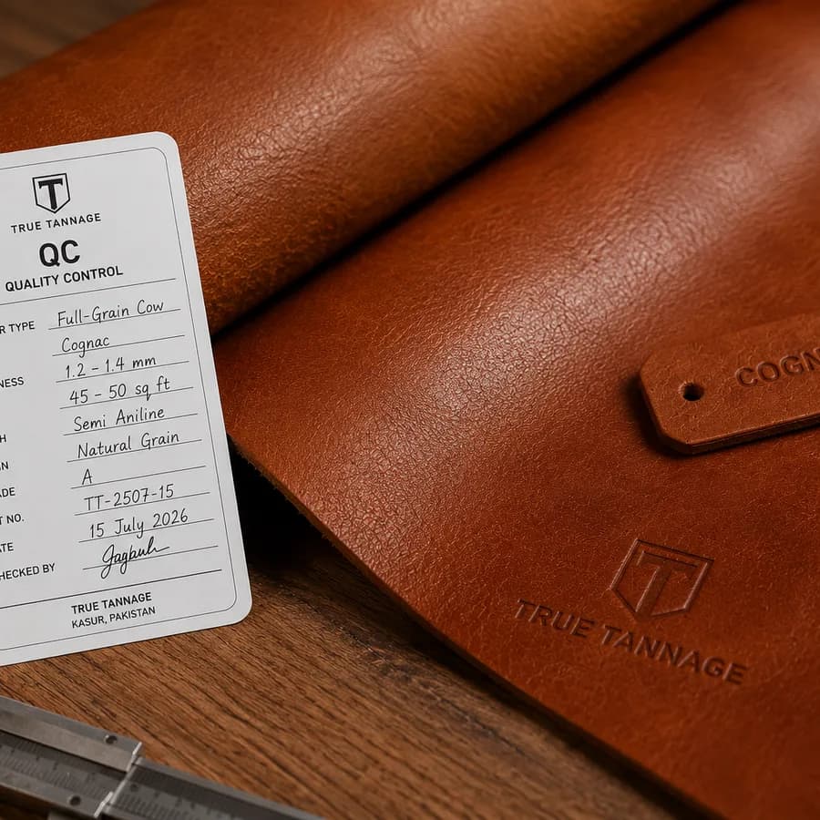 QC inspection photo of a graded leather hide with lot tag