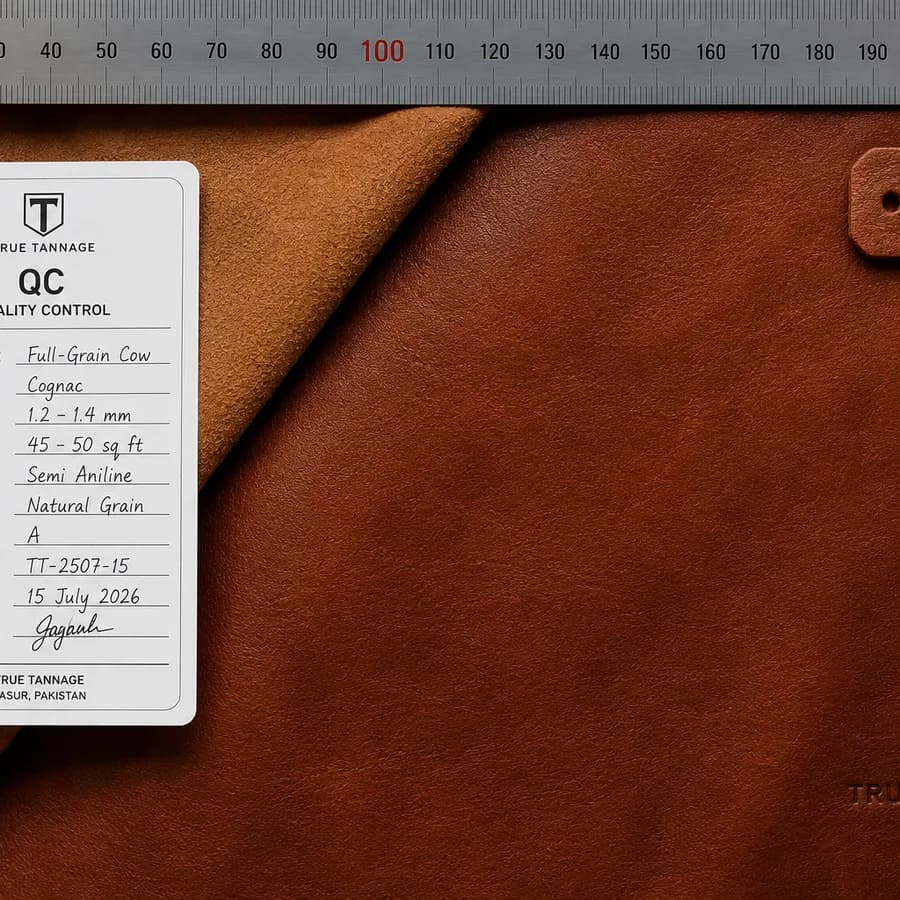 QC inspection photo of a graded leather hide with lot tag